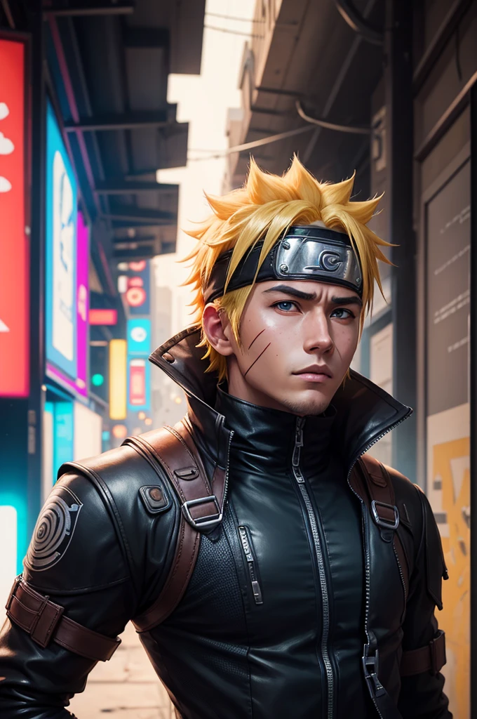 close up of naruto's chest and face in cyberpunk more details as a 3 by 4 photo