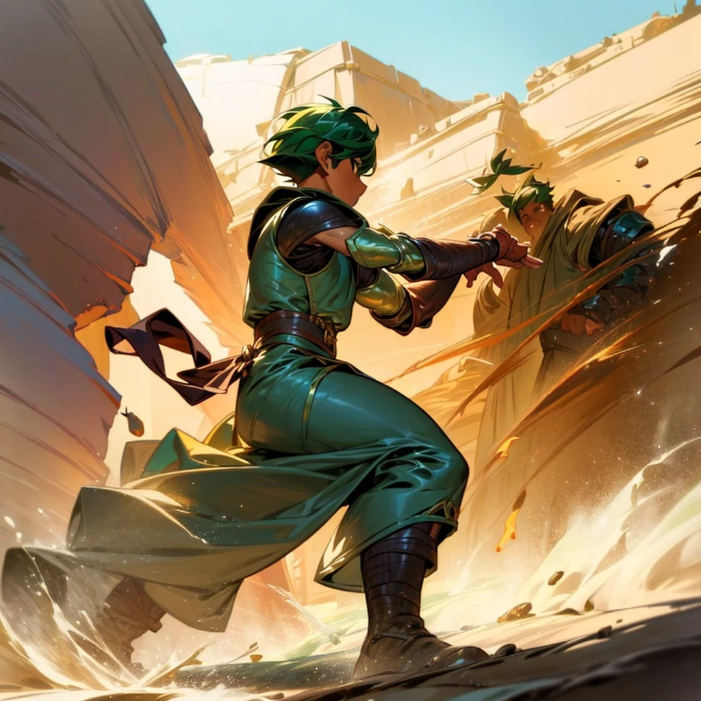 1boy, Full body version, 1character, (sand wanderer), brown eyes color, dark skin, Curly cut hairstyle, small eyes type, green colour hair, doctor ancient roman clothing style, white color clothing, dark green robe, Ancient roman boots, armor vest, sands in two hand, Grassroots background in desert, (battle, battle gesture, battle poses, view character on small, He a sand wanderer, he controls sand with his hands, he fights enemies with sand, enemies, bandits, Fighting, intense battles, fighting in desert, Dynamic Pose, Motion Blur, emphasis lines, sparks, plasma, aura)