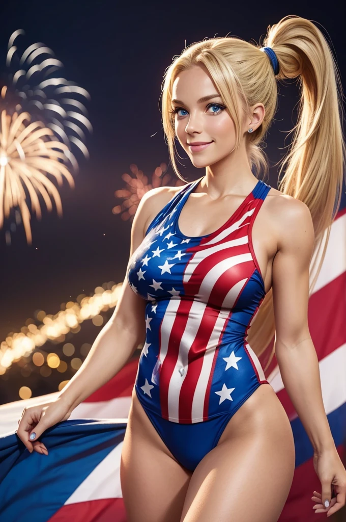 Beautiful 25 year old American woman, blue eyes, blonde ponytail hair, athletic toned body, wearing modest American flag theme one piece costume watching fireworks, photoshoot, smile