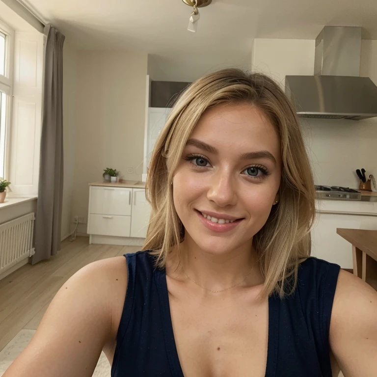 make a blonde woman, with European features, with normal clothes, in your home. perspective is a selfie for instagram, do it with a naughty smile