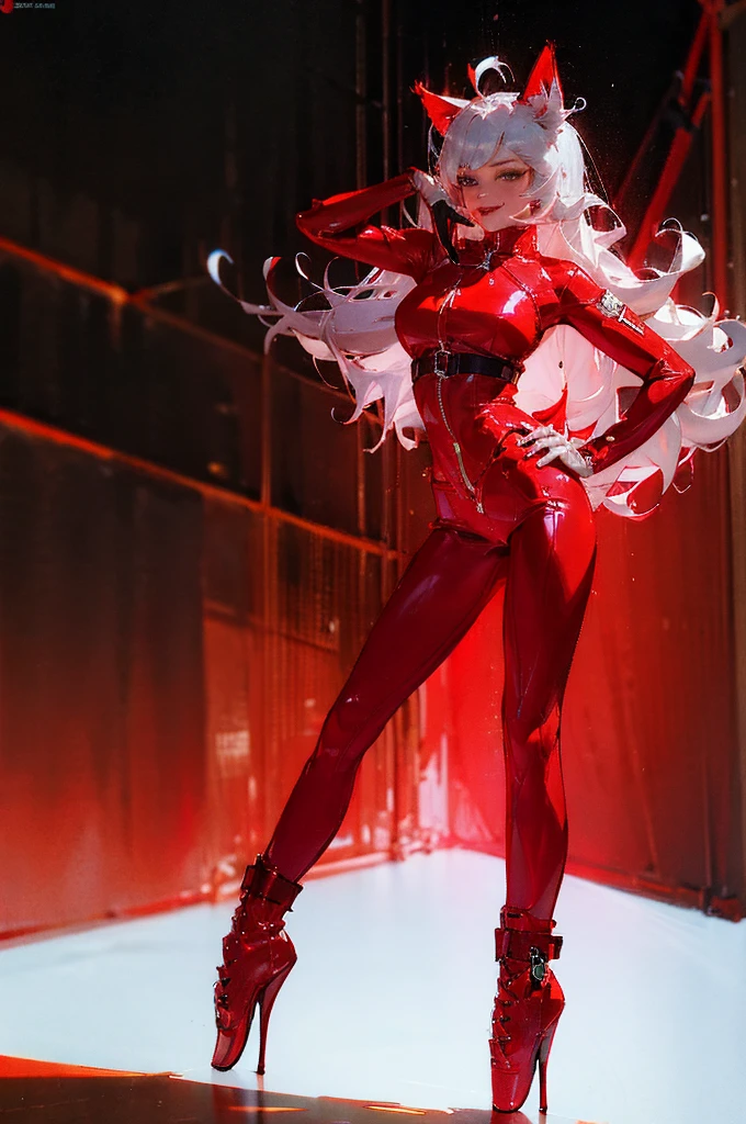 A beautiful detailed anime catgirl, short, with long white hair and cat ears, wearing thigh high red skin-tight ballet boots, a red crop-top leather jacket, standing seductively on a white background, smirking, hand on hip, highly detailed, photorealistic, ultra-detailed, masterpiece, 8k, professional, vivid colors, dramatic lighting