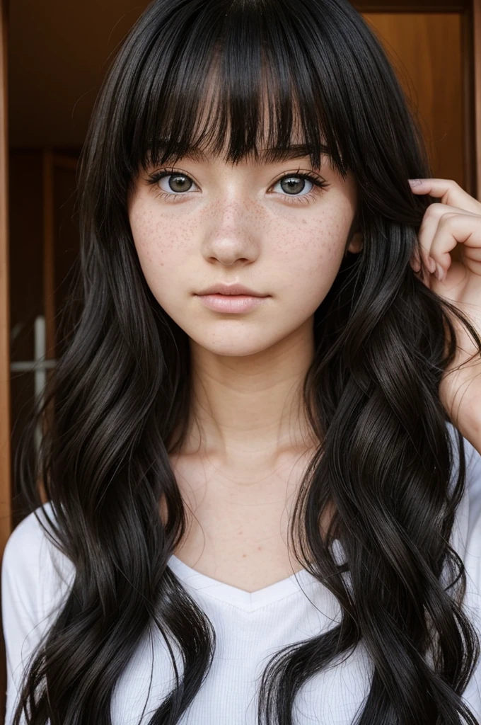 A 17 year old girl, long black wavy hair, She has freckles on her cheeks and nose and her hair is parted in the middle., anime version