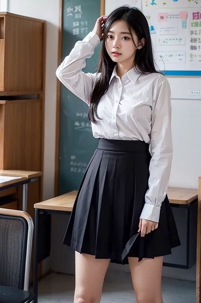 Lift up your skirt、Showing panties、、Black Hair、Showing panties、Lift up your skirt、Pull up your skirt、Condescending expression、School classroom