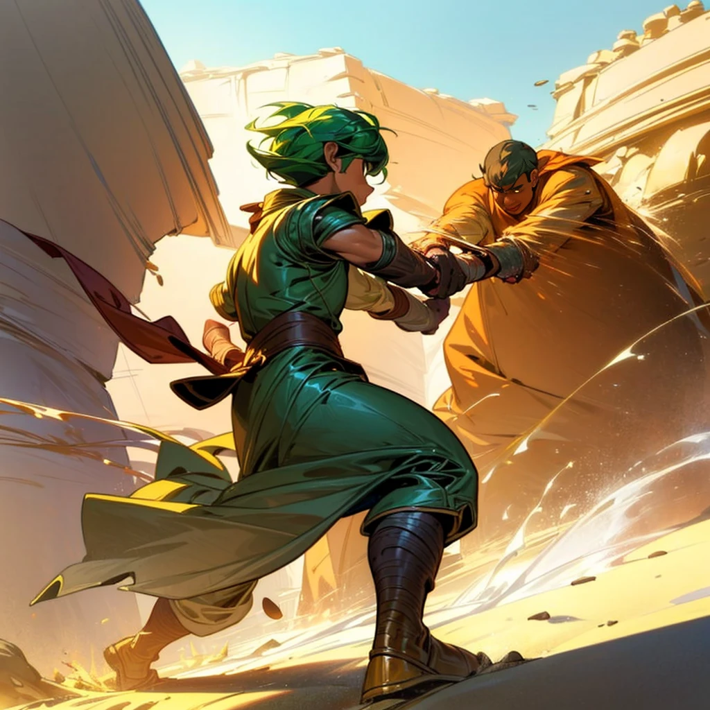 1boy, Full body version, 1character, (sand wanderer), brown eyes color, dark skin, Curly cut hairstyle, small eyes type, green colour hair, doctor ancient roman clothing style, white color clothing, dark green robe, Ancient roman boots, armor vest, sands in two hand, Grassroots background in desert, (battle, battle gesture, battle poses, view character on small, He a sand wanderer, he controls sand with his hands, he fights enemies with sand, enemies, bandits, Fighting, intense battles, fighting in desert, Dynamic Pose, Motion Blur, emphasis lines, sparks, plasma, aura)