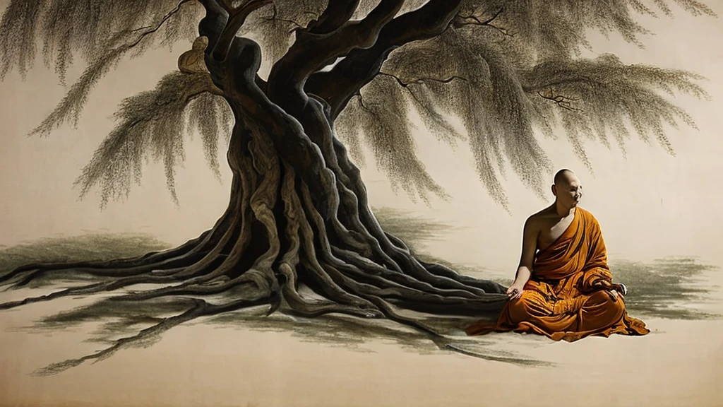 A detailed picture of a monk sitting meditation, could be sitting under a big tree, full body, eyes closed. his head shaved bald. Buddhism style. The monk clothing drapes elegantly but do not expose the body , and the dark yellow, could be in nature, background contrasts sharply with the monk, making it the focal point. The overall ambiance of the image is peacefully, emphasized by the play of light and shadow. Wide shot. front view. Realistic, Hyper detailed. traditional chinese ink painting, modelshoot style, peacefuln song, willow tree in background, wuchangshuo,
