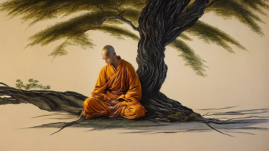 A detailed picture of a monk sitting meditation, could be sitting under a big tree, full body, eyes closed. his head shaved bald. Buddhism style. The monk clothing drapes elegantly but do not expose the body , and the dark yellow, could be in nature, background contrasts sharply with the monk, making it the focal point. The overall ambiance of the image is peacefully, emphasized by the play of light and shadow. Wide shot. front view. Realistic, Hyper detailed. traditional chinese ink painting, modelshoot style, peacefuln song, willow tree in background, wuchangshuo,