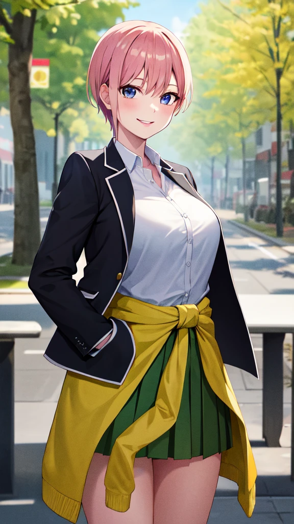 masterpiece, best quality, highres, aaichika, short hair, white shirt, collared shirt, black jacket, blazer, open jacket, long sleeves, clothes around waist, green skirt, pleated skirt, cowboy shot, standing, outdoors, smile,