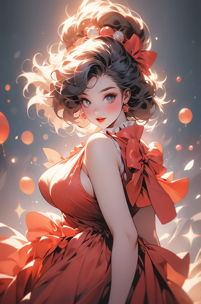 1girl, voluptuous, clown, radiant hair, jolly