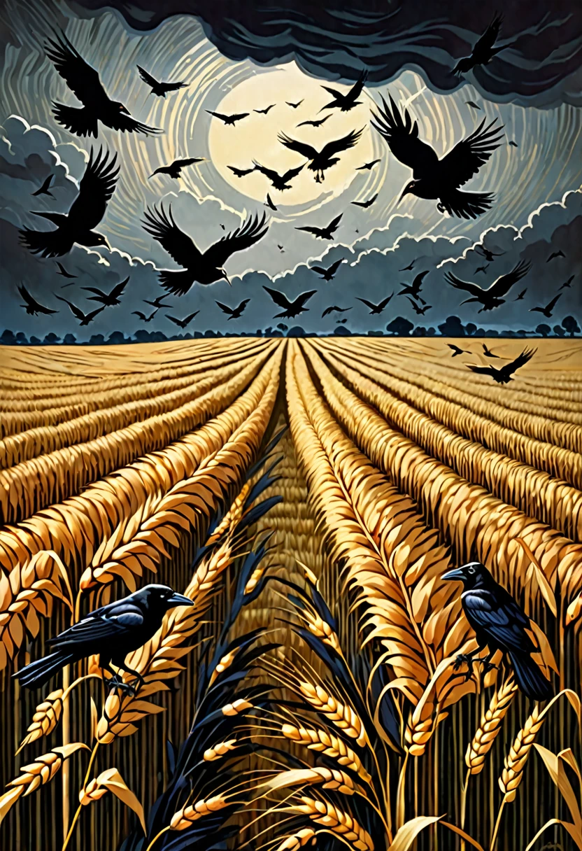 a flock of crows flying away from a wheat field in a darkened scene with thunders, dark fantasy paper style from the 70s, with intense painting and a german romantic style, shadows and spectacultar lighting