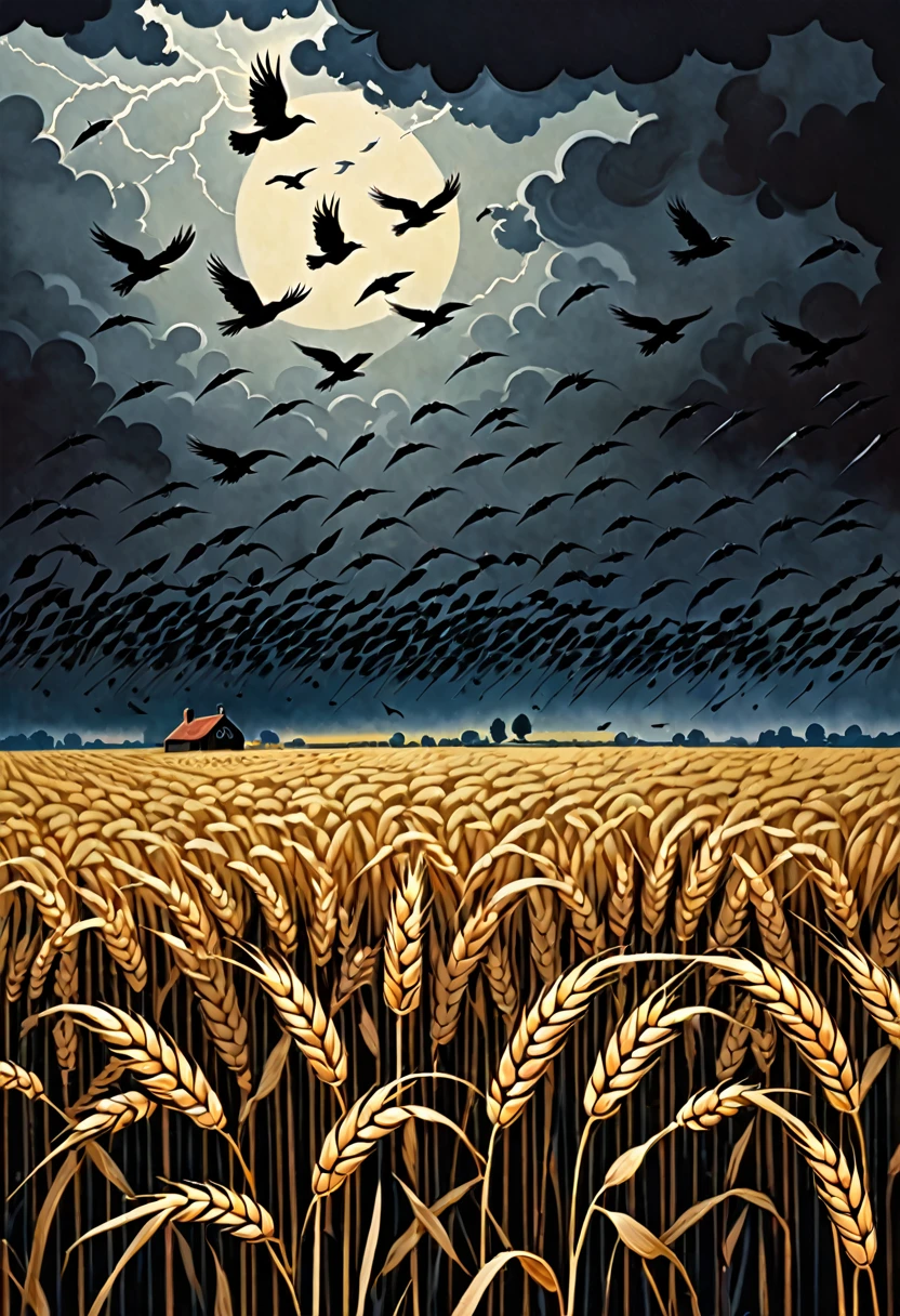 a flock of crows flying away from a wheat field in a darkened scene with thunders, dark fantasy paper style from the 70s, with intense painting and a german romantic style, shadows and spectacultar lighting