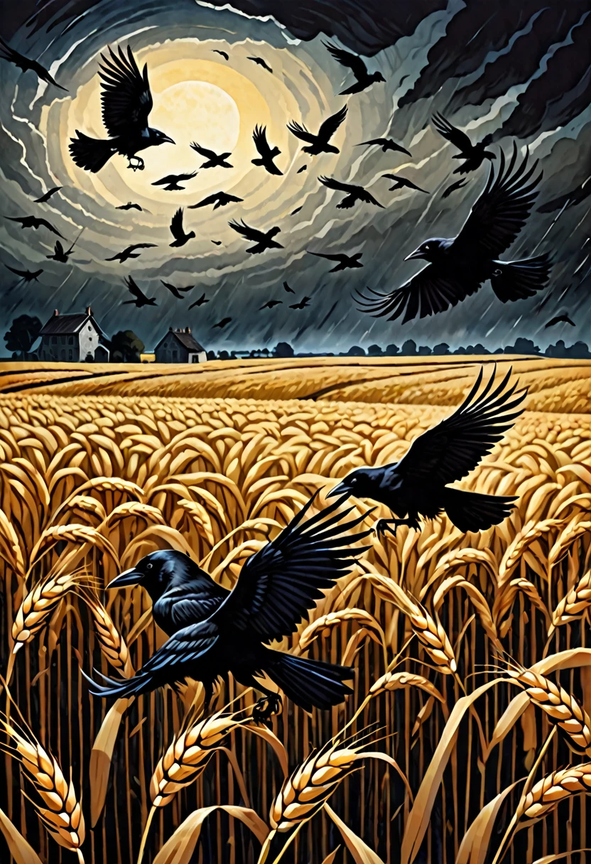 a flock of crows flying away from a wheat field in a darkened scene with thunders, dark fantasy paper style from the 70s, with intense painting and a german romantic style, shadows and spectacultar lighting