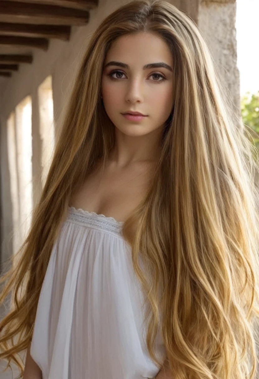 Greek girl with long Rapunzel hair