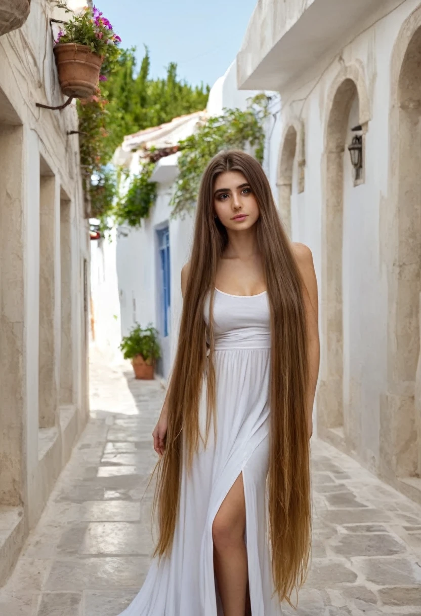 Greek girl with long Rapunzel hair