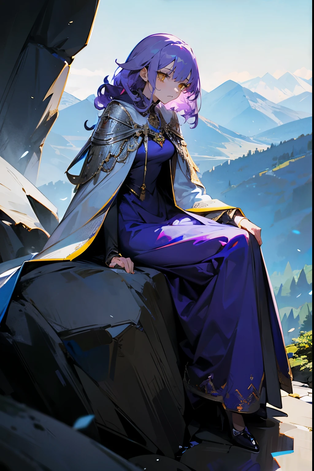 1female, Purple Hair, Blue Gown, Curly Hair, White and Silver Cloak, Elegant Attire, Yellow Eyes, Sad Expression, Slender, Guide, Adult Female, Mountain, Sitting on a Rock