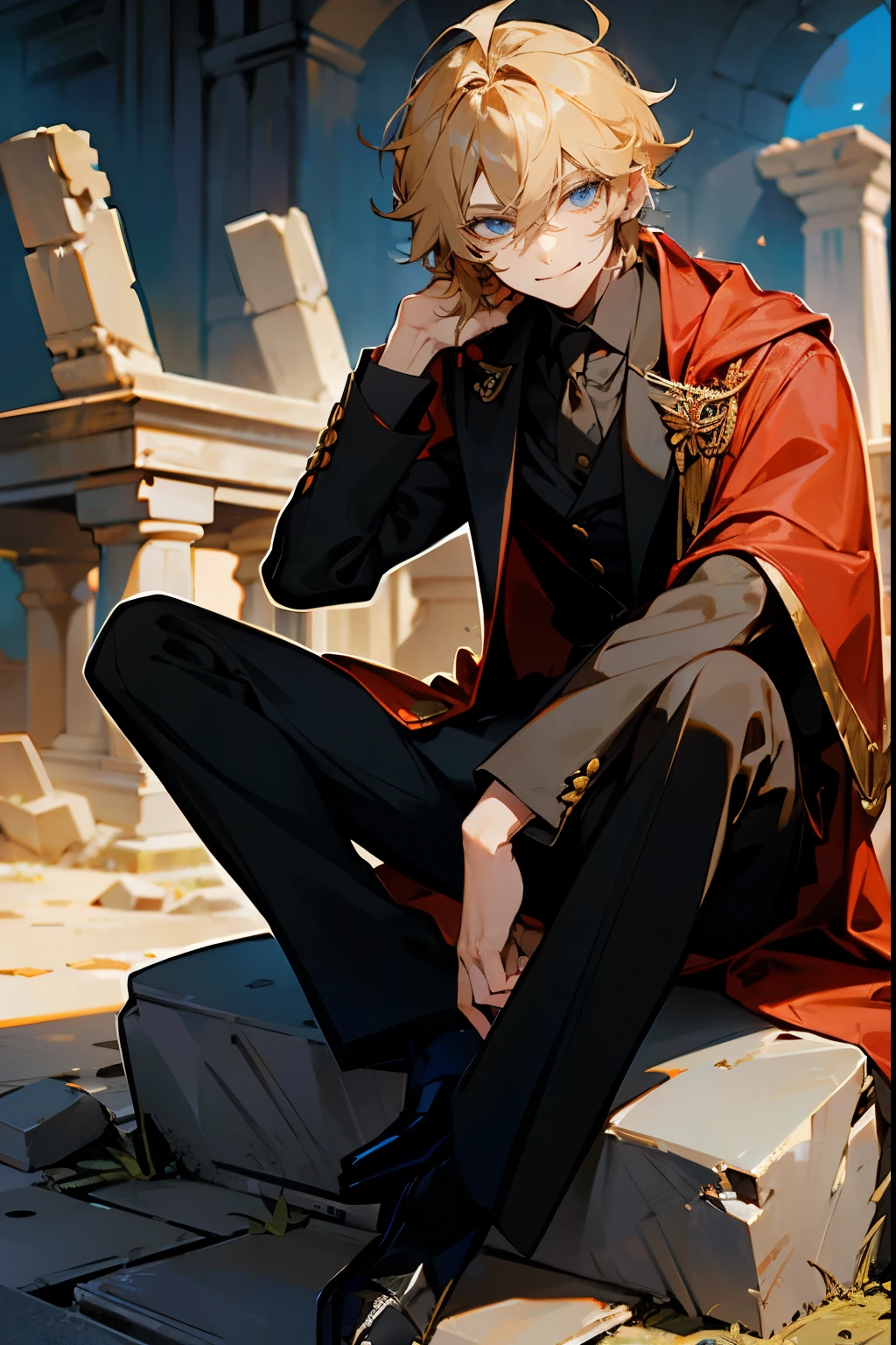 1male, Blonde Hair, Black Suit, Messy Hair, Red and Gold Cloak, Formal Clothing, Blue Eyes, Smiling, Lean, Scout, Adult Male, Ancient Ruins, Sitting on a Stone
