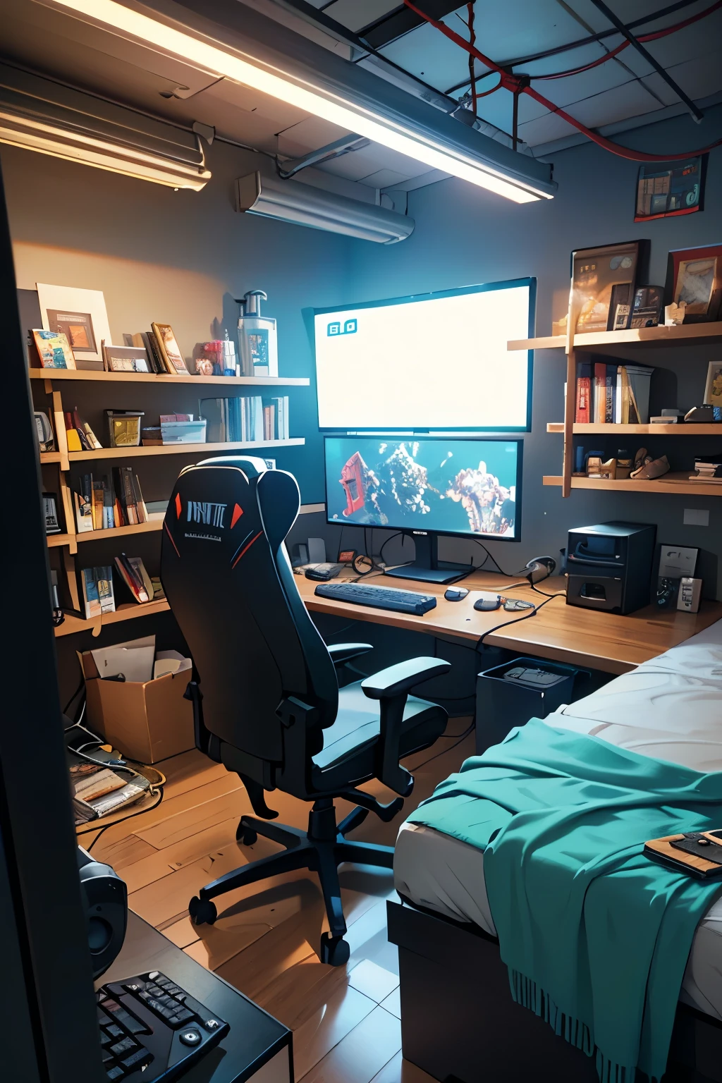 In the heart of the gaming sanctuary, a sprawling table, tailored for gaming computers, takes center stage. An ergonomic chair, adjusted to perfection, invites the gamer for a comfortable and immersive experience. The room is bathed in optimal lighting, ensuring every pixel on the screen gleams with clarity. Neatly organized cables crisscross beneath the table, leaving no room for clutter.
A cozy mattress nestles in the corner, offering a short respite for the weary gamer. The gaming-themed decoration adorns the walls, with shelves housing an extensive collection of games and gaming accessories. Further, an area dedicated to snacks, complete with a