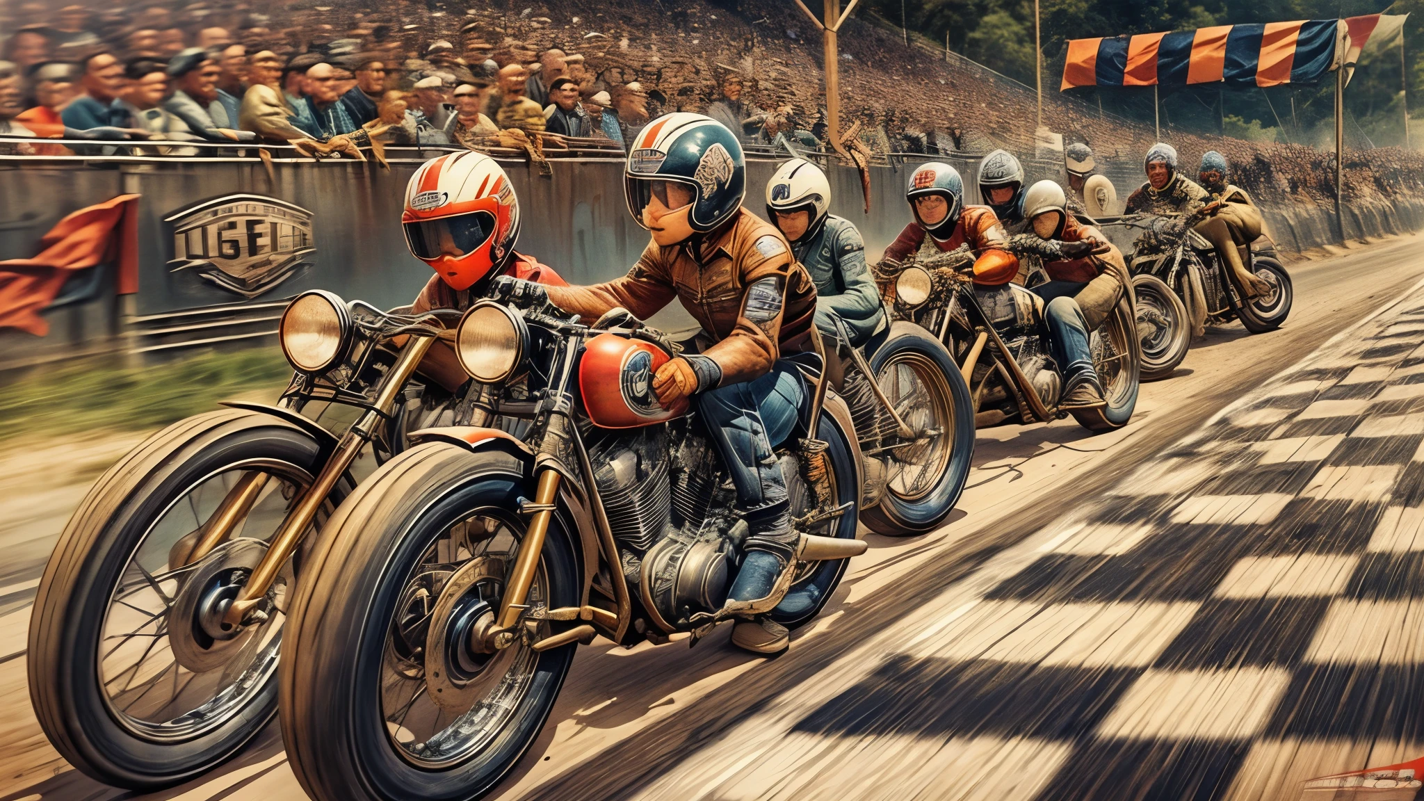1940's era motorcycle racing, leather motorcycle helmets, checkered flag, dirt track, early harley davidson motorcycles, bobber motorcycles, detailed motorcycle, detailed faces, detailed riders, 