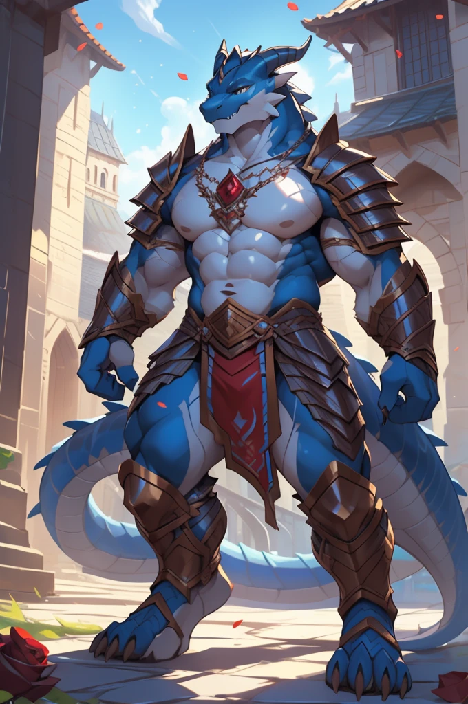  (male anthro dragon), standing, solo, muscle, detailed scale texture, old castle, (battlefield), Naked, (shoulder armor, leg armor), (blue body, white belly), (art by chunie, (drakgem), ((rakisha)), (kontanagamori)), (front view), looking pleasured, [simple background], detailed pupils, masterpiece artwork, caustics, rim lighting, single light source, sharp shadows, solo portrait, (digitigrade), (kemono), by inessa garmash, greg rutkowski, pino daeni, ruan jia, (light particles), rose petals, 3rd tail red between his legs