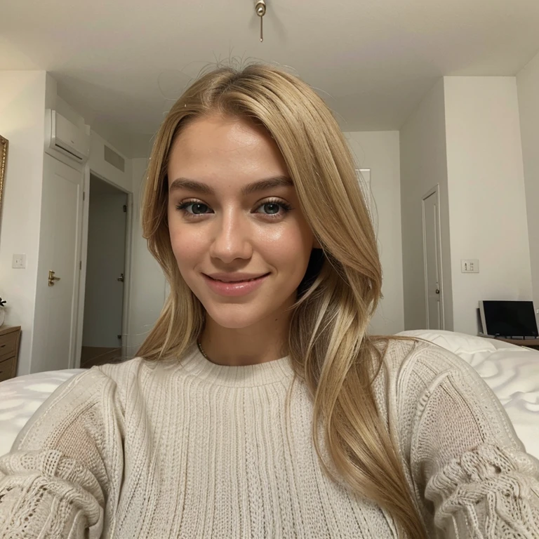 make a blonde woman, with European features, with normal clothes, in your home. perspective is a selfie for instagram, do it with a smile
