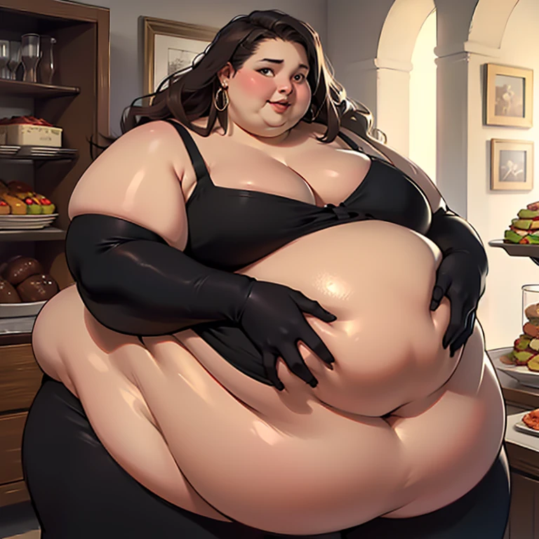 (masterpiece, detailed, realistic:1.2), high aesthetic, beautiful young woman, USSBBW, (morbidly obese, fatblob:1.3), rich, shy expression, surrounded by food, expensive jewelry