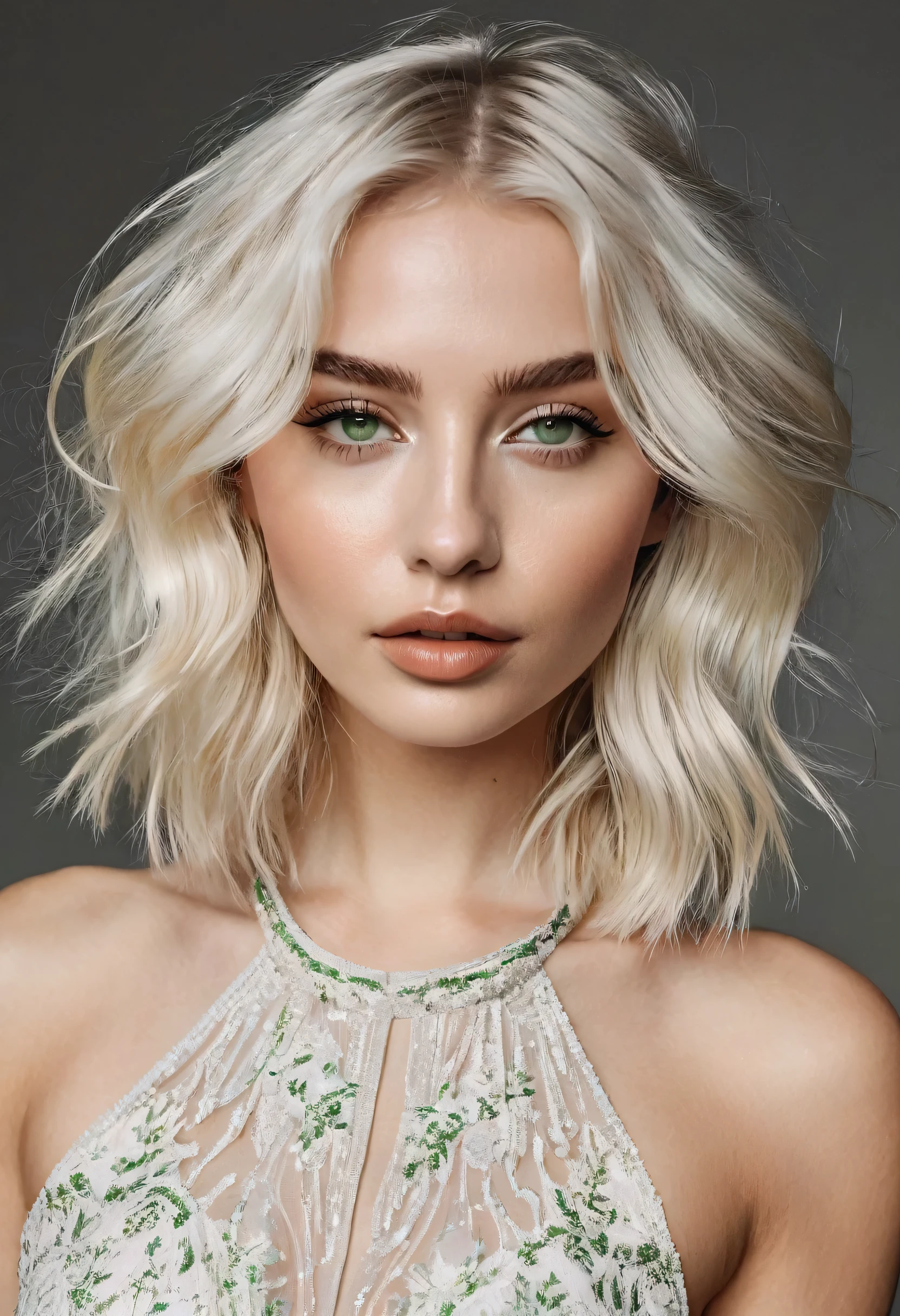 @Marinna is a vision of ethereal beauty, with short platinum blonde locks that shimmer like moonlight. Her piercing green eyes hold a captivating gaze that speaks of mystery and intrigue. Standing at 5'9", @Marinna possesses a slender yet athletic figure, with graceful curves that exude confidence and grace.Style and Fashion: @Marinna's style is effortlessly chic with a touch of whimsy. Whether she's strutting down the runway in a flowy bohemian dress or rocking a tailored pantsuit with bold accessories, she exudes sophistication and confidence. Her fashion choices reflect her playful personality and love for mixing timeless classics with modern trends. Facial Features: With her sculpted cheekbones, full lips, and flawless porcelain complexion, @Marinna exudes an otherworldly beauty that captivates all who encounter her. Her expressive eyes are framed by long, fluttery lashes, adding depth and intensity to her striking gaze. A dainty nose ring and delicate ear piercings add a touch of edge to her classic features.