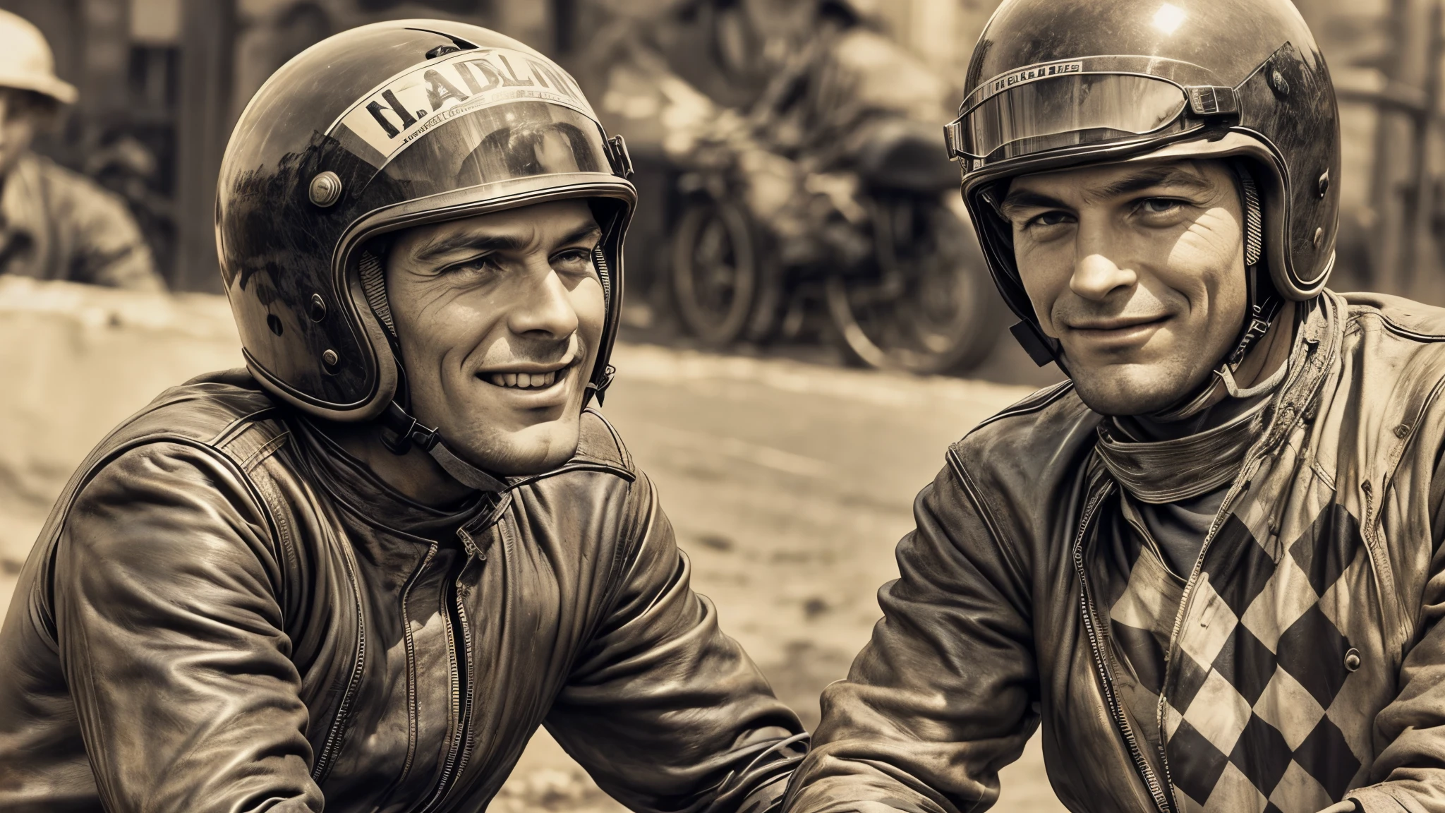 1940's era motorcycle racing, leather motorcycle helmets, checkered flag, dirt track, early harley davidson motorcycles, bobber motorcycles, detailed motorcycle, detailed faces, detailed riders, 