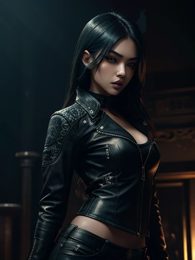 a sexy oriental gothic girl in a leather jacket and pants, beautiful detailed eyes, beautiful detailed lips, extremely detailed eyes and face, long eyelashes, detailed facial features, intricate leather textures, ripped jeans, dynamic pose, dramatic lighting, moody atmospheric lighting, dark color tones, high contrast, cinematic composition, award winning digital art, hyper detailed, 8k, photorealistic, masterpiece
