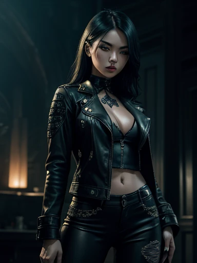 a sexy oriental gothic girl in a leather jacket and pants, beautiful detailed eyes, beautiful detailed lips, extremely detailed eyes and face, long eyelashes, detailed facial features, intricate leather textures, ripped jeans, dynamic pose, dramatic lighting, moody atmospheric lighting, dark color tones, high contrast, cinematic composition, award winning digital art, hyper detailed, 8k, photorealistic, masterpiece