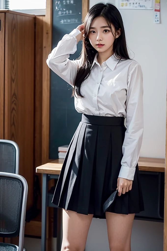 Lift up your skirt、Showing panties、、Black Hair、Showing panties、Lift up your skirt、Pull up your skirt、Condescending expression、School classroom