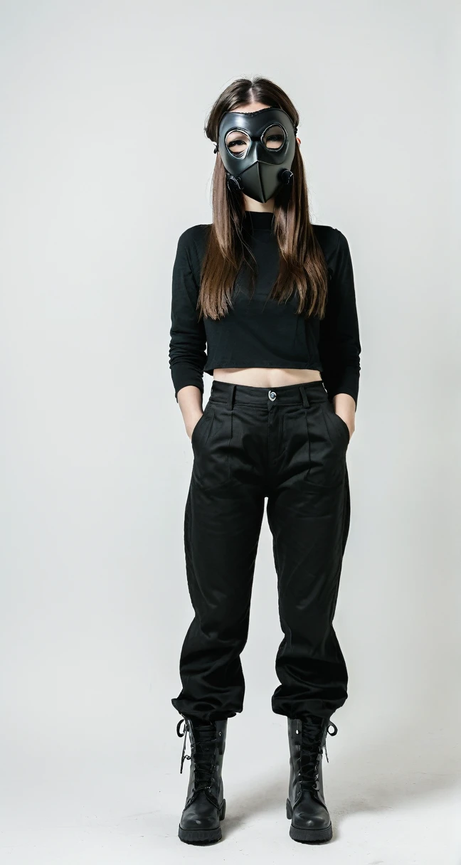 Girl with black plague mask, whole body, with long black pants, on a white background 