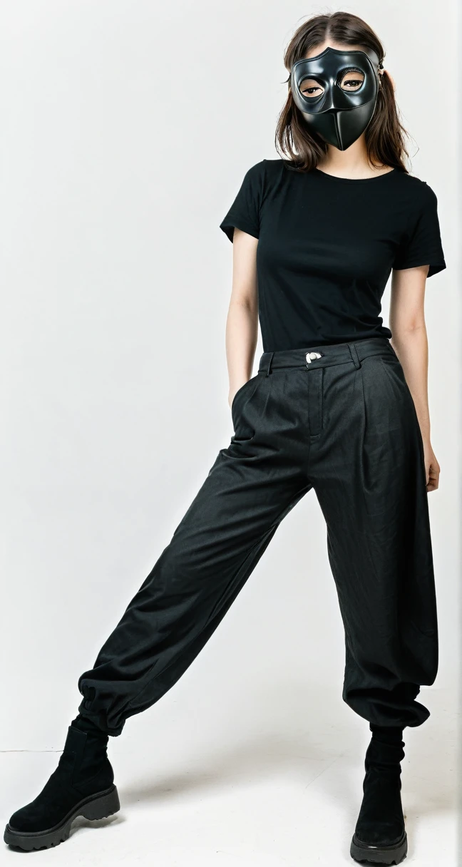 Girl with black plague mask, whole body, with long black pants, on a white background