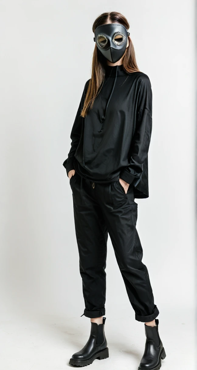 Girl with black plague mask, whole body, with long black pants, on a white background