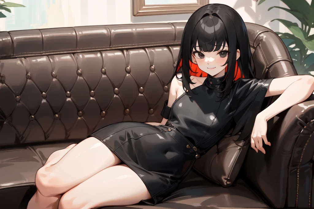 (masterpiece, high quality) 1 girl, woman, black eyes, hair over shoulders, lob hair, black hair, bangs, perfect body, short black dress, leather dress, shy, smiling, flirty, sitting in a couch, thick legs,