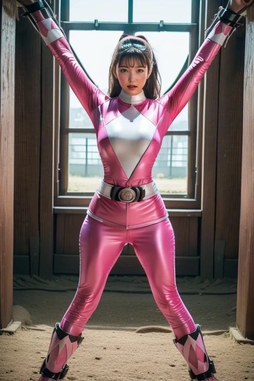 pink theme，pink ranger suit、curvy, big breats,  full body, tied on Saint Andrew's cross in X position