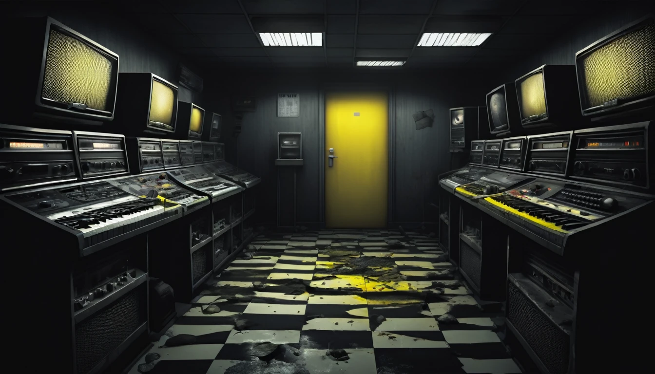 create a radio station with a dark setting, scary and realistic, in the shadows, rotting and sinister zombies lurk with yellow eyes.