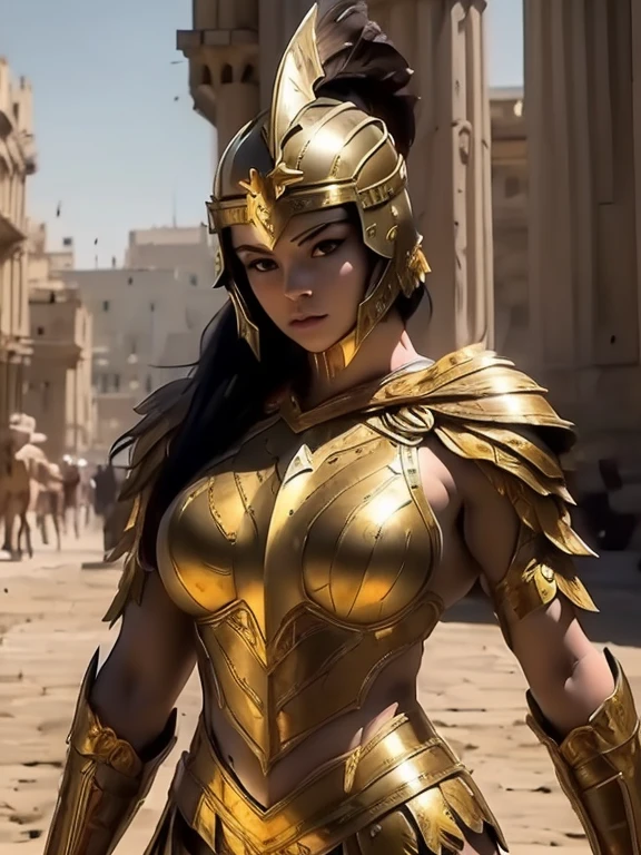 beautiful warrior woman in golden greek armor, porfect human face detailed,  Jet black hair, hoplite helmet, muscular, huge  breasts, I look at the viewer, foreground, model photo poses, work of art, best qualityer, 8K, nblurry background, medieval fantasy castle in the background