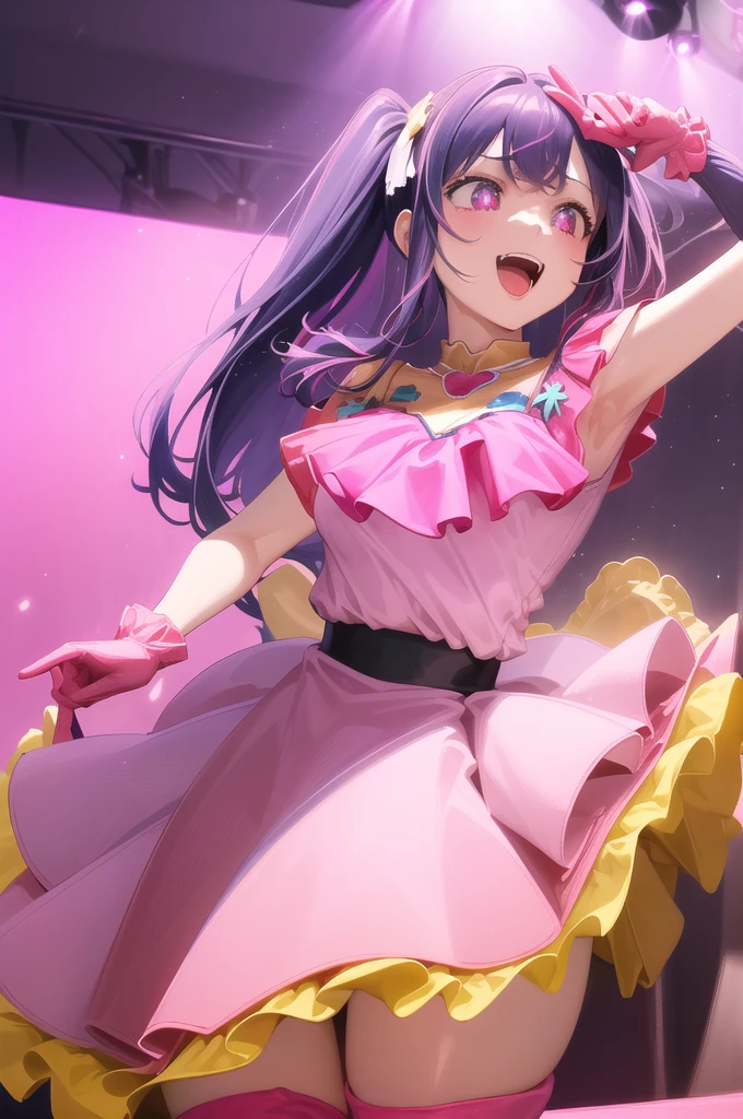 hoshino ai, from below, star dress, singing, :d, happy, open mouth, stage, concert, stage lights, audience, pink dress, yellow collar, pink gloves, pink thigh boots, crowd, light particles, red heart brooch, (holding microphone:0.9),, masterpiece, best quality, highly detailed, pigtails,close up,half body