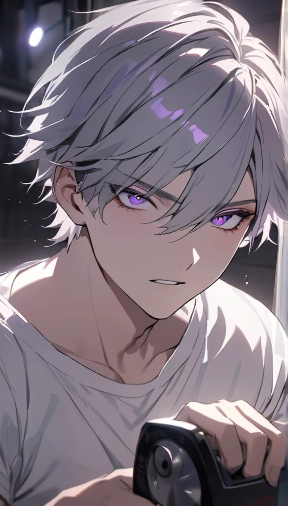 Resolution full, very accurate, best quality, masterpiece, from front boy, cinematic lighting, full HD, very sharpener, only showing eyes, focus at eyes, detailed eyes, best art, very accurate, 1boy, solo, handsome boy, violet eyes, grey hair, violet eyes, white T - shirt