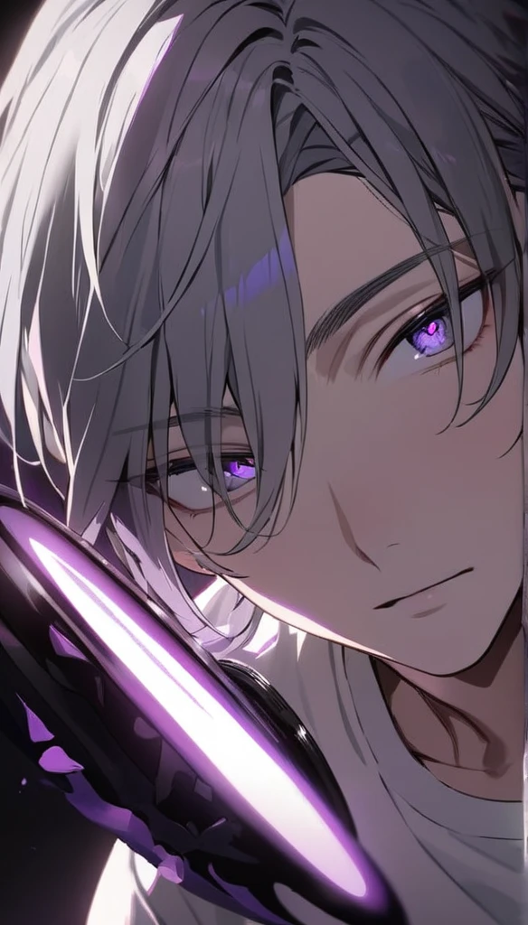 Resolution full, very accurate, best quality, masterpiece, from front boy, cinematic lighting, full HD, very sharpener, only showing eyes, focus at eyes, detailed eyes, best art, very accurate, 1boy, solo, handsome boy, violet eyes, grey hair, violet eyes, white T - shirt
