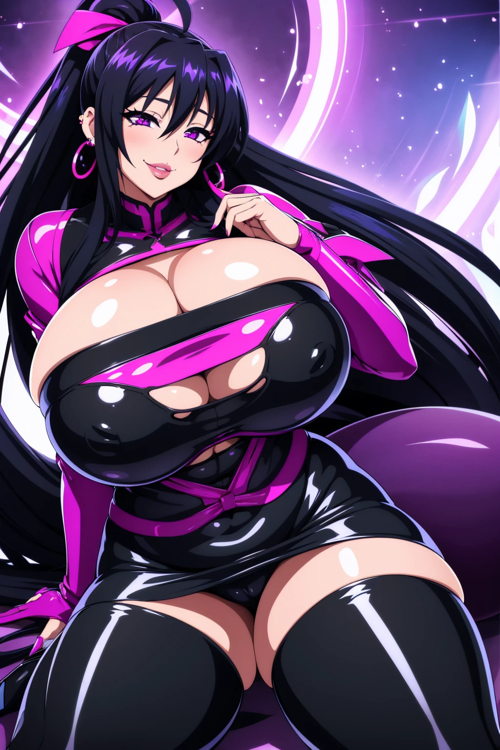 Akeno Himejima, 1girl, (((bimbo))), long black hair, purple eyes, ear rings, (((bimbo))), puffy lips, painted lips, thick lips, erotic smile face, wide hips, thick thighs, huge round ass, enormous natural breasts, shiny oily breasts, she venom, venom absorption, venom suit, 