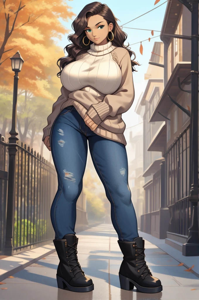 (masterpiece:1.2, best quality), 1lady, solo, upper body, big tits, Dark wash skinny jeans, oversized sweater, ankle boots, Loose waves, center part, simple hoop earrings, green Park
