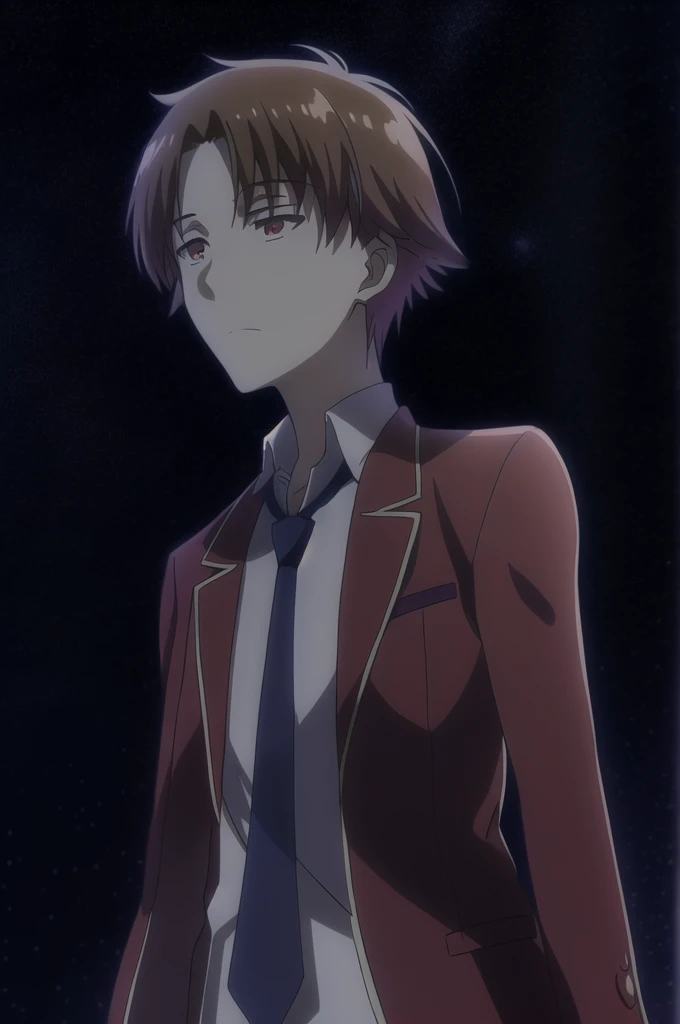 ayanokouji kiyotaka, 1 young boy, standing alone, male focus, chestnut hair, eyes browns, , white shirt, red jacket, blue necktie, natta, natta sky, Starry sky, nube, Raby, humida, trunk
