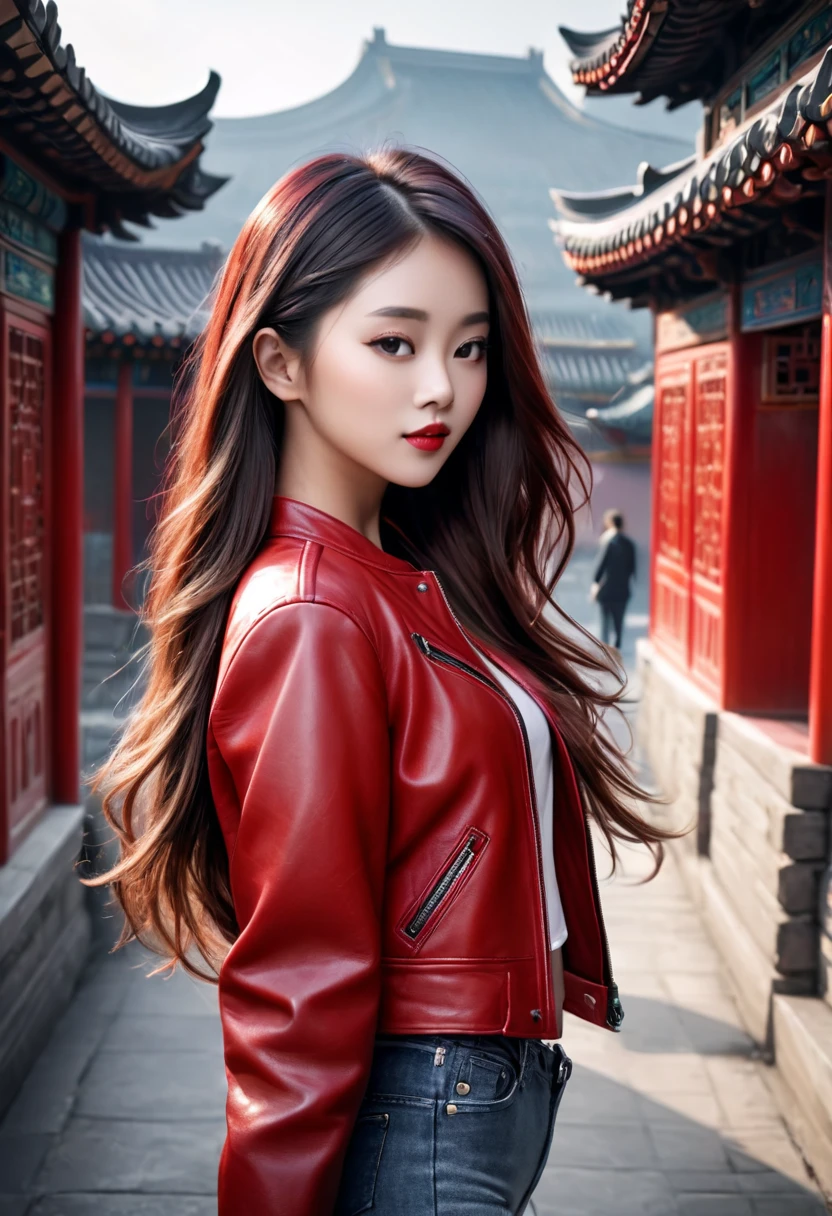 Best quality, masterpiece, ultra high res, (photorealistic:1.4), raw photo, 1girl,, , long hair, red  leather jacket, beautiful chinese woman