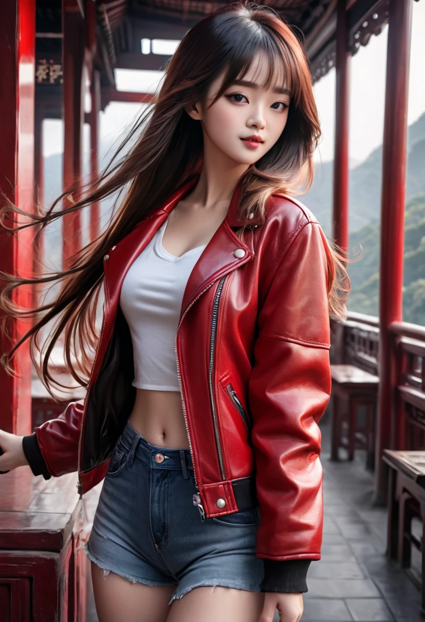 Best quality, masterpiece, ultra high res, (photorealistic:1.4), raw photo, 1girl,, , long hair, red  leather jacket, beautiful chinese woman