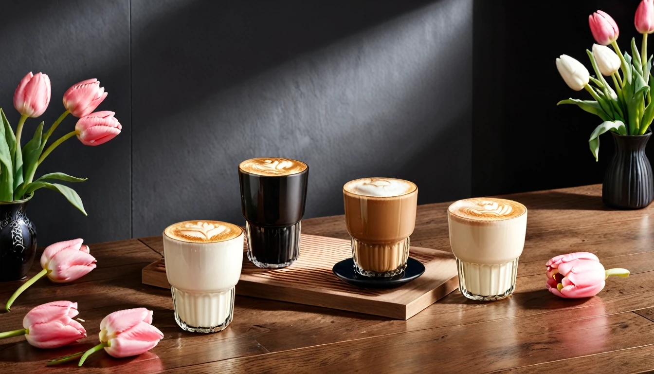 Two pink and white tulips lying flat on wooden table naturally.Beautiful latte art cup of latte coffee.There is slight smoke in the black frosted ceramic cup.Sophisticated and elegant..超级detailed.detailed,tonal texture.The contrast between light and shadow is obvious.High-end、quality.Half-length view , 50 mm , F/1.8 , Shutter speed 1/60 , ISO 50 ,Color temperature 4000k， masterpiece.First-person perspective.no humans.super wide angle, Fresh and bright light and shadow.Excellent composition.Leave space at the bottom of the screen.Tulips outside the frame.outside the border, anatomically correct, 最好的quality, masterpiece