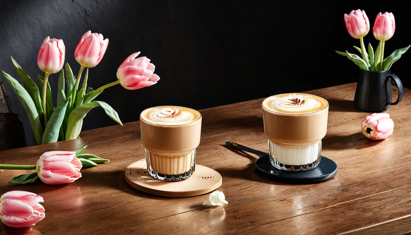 Two pink and white tulips lying flat on wooden table naturally.Beautiful latte art cup of latte coffee.There is slight smoke in the black frosted ceramic cup.Sophisticated and elegant..超级detailed.detailed,tonal texture.The contrast between light and shadow is obvious.High-end、quality.Half-length view , 50 mm , F/1.8 , Shutter speed 1/60 , ISO 50 ,Color temperature 4000k， masterpiece.First-person perspective.no humans.super wide angle, Fresh and bright light and shadow.Excellent composition.Leave space at the bottom of the screen.Tulips outside the frame.outside the border, anatomically correct, 最好的quality, masterpiece