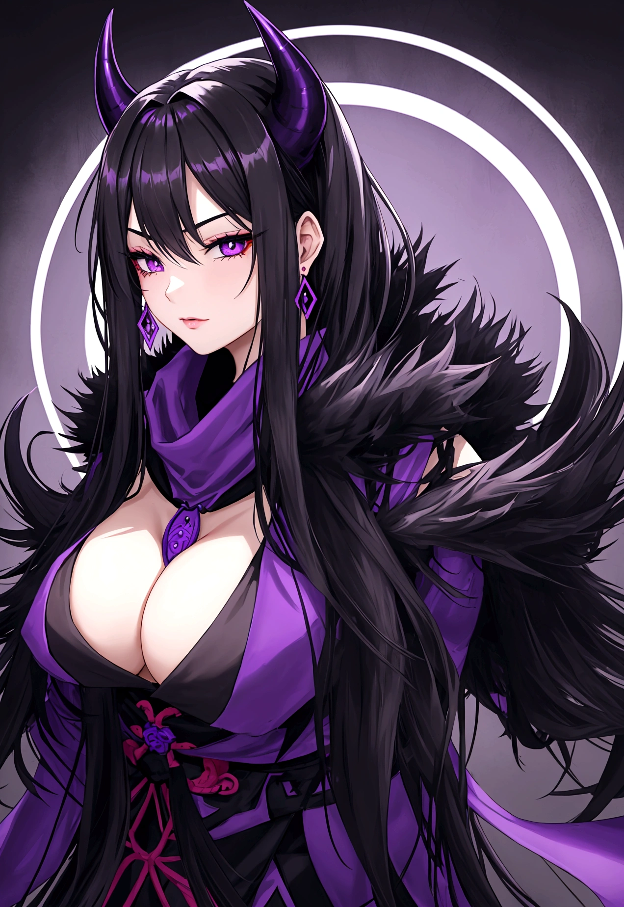 Big breats Long black hair black eyes girl wearing chinese dark purple ninja cloth and black fur coat black fur scarf. Purple demon horns chest skin visible