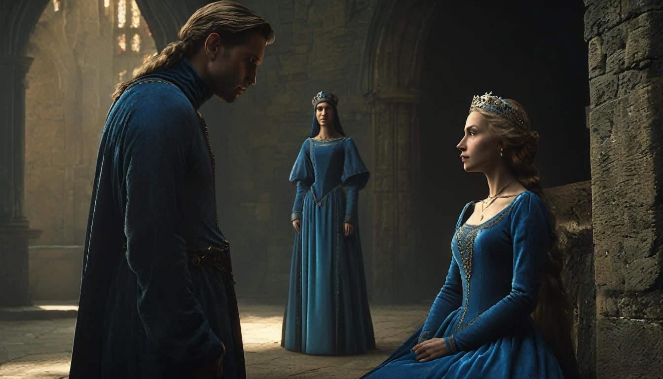 (((medieval style))), create an image of suspicious blue dress princess, Bill Henson, talking to suspicious elderly woman, super-detailed 4k, Unreal 5 graphics engine