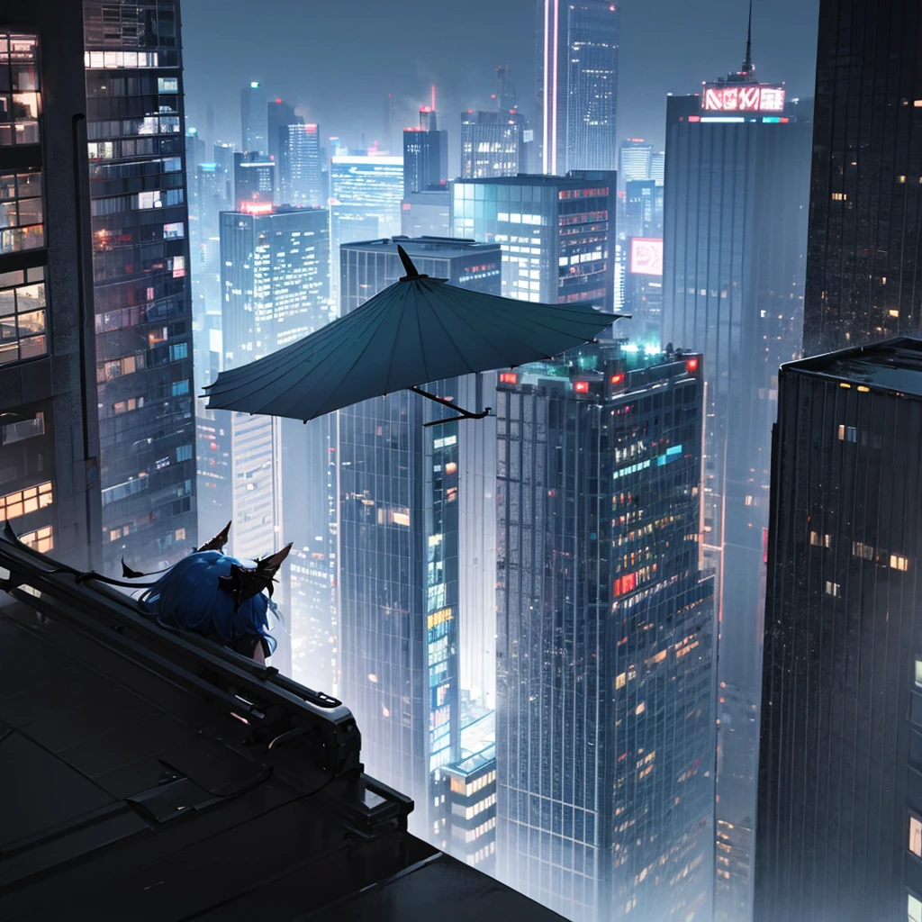 bridges_arknights,Falling from a tall building，Perspective from top to bottom，night，Neon lights illuminate the characters，Holding a transparent umbrella