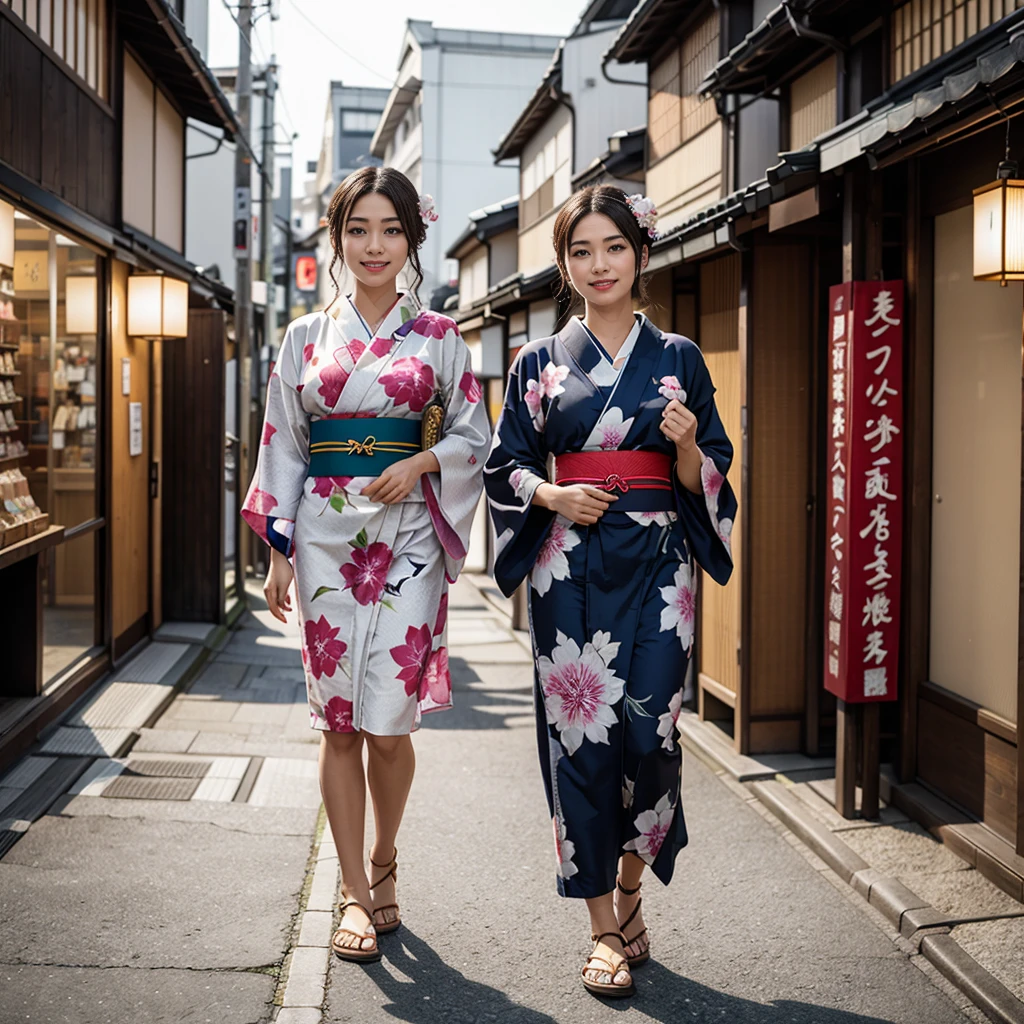 a beautiful young woman in a traditional japanese yukata walking down a street, japan with japanese signs and shop fronts, highly detailed, 4k, photorealistic, warm lighting, vibrant colors, beautiful detailed eyes, beautiful detailed lips, extremely detailed face, long eyelashes, cinematic, masterpiece, 4k, ultra realistic, front of the camera, random pose, cloth and location, fullbody, happy face
